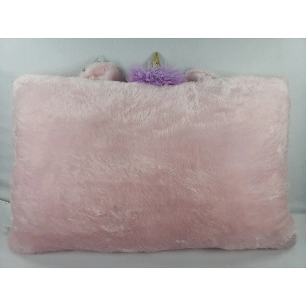 Unicorn Kids Bed Pillow Pink 16.5x24 Fuzzy Plush Gold Horn Ears Purple Mane NWT
